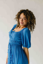 The Munson Intricate Ruffle Maxi Dress in Blue