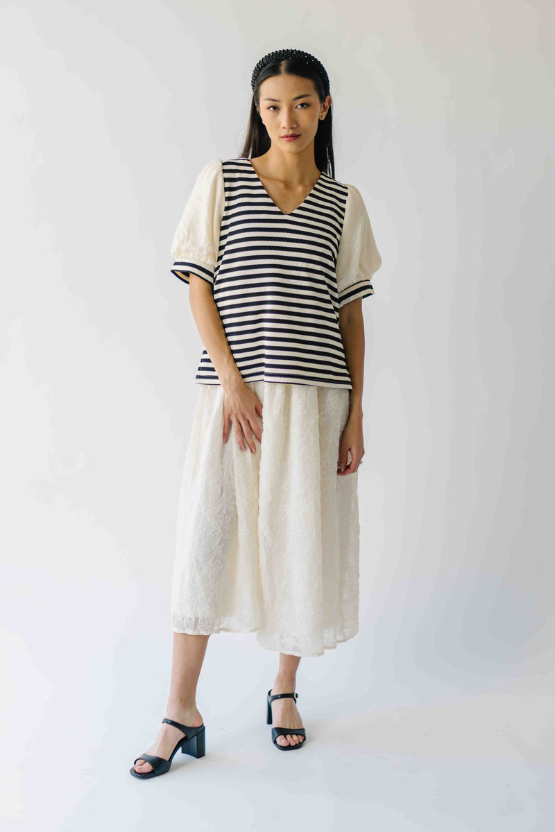 The Rowland Puff Sleeve Blouse in Black + White Stripe