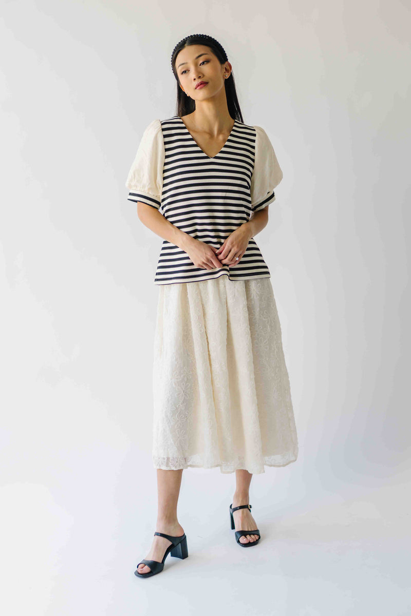 The Rowland Puff Sleeve Blouse in Black + White Stripe
