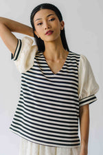 The Rowland Puff Sleeve Blouse in Black + White Stripe