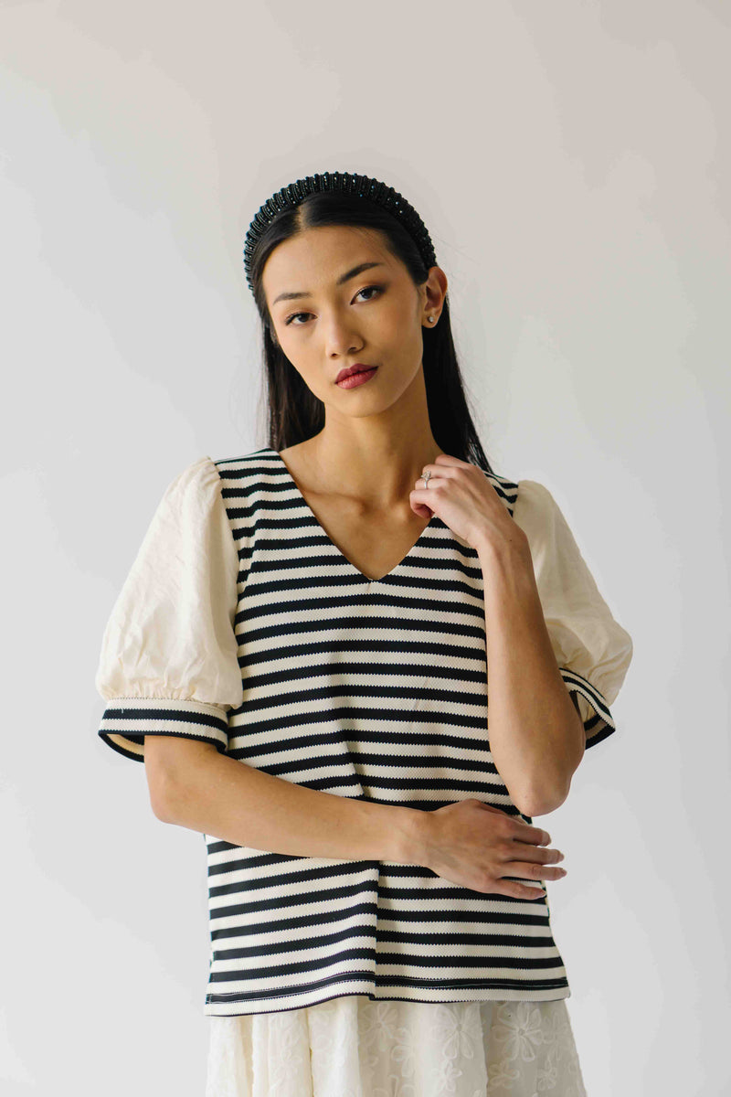 The Rowland Puff Sleeve Blouse in Black + White Stripe