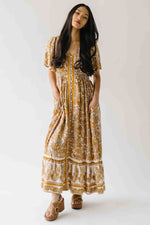 The Langston Flutter Sleeve Floral Maxi Dress in Antique Gold