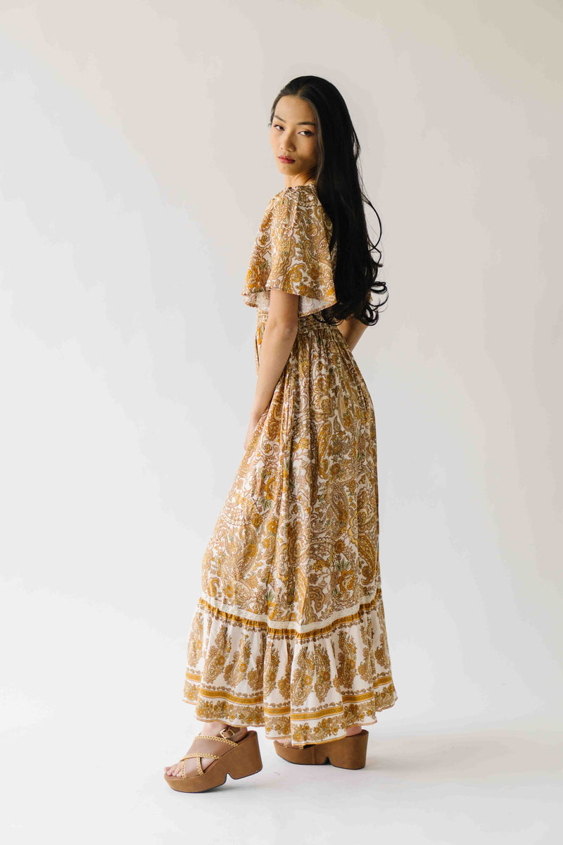 The Langston Flutter Sleeve Floral Maxi Dress in Antique Gold