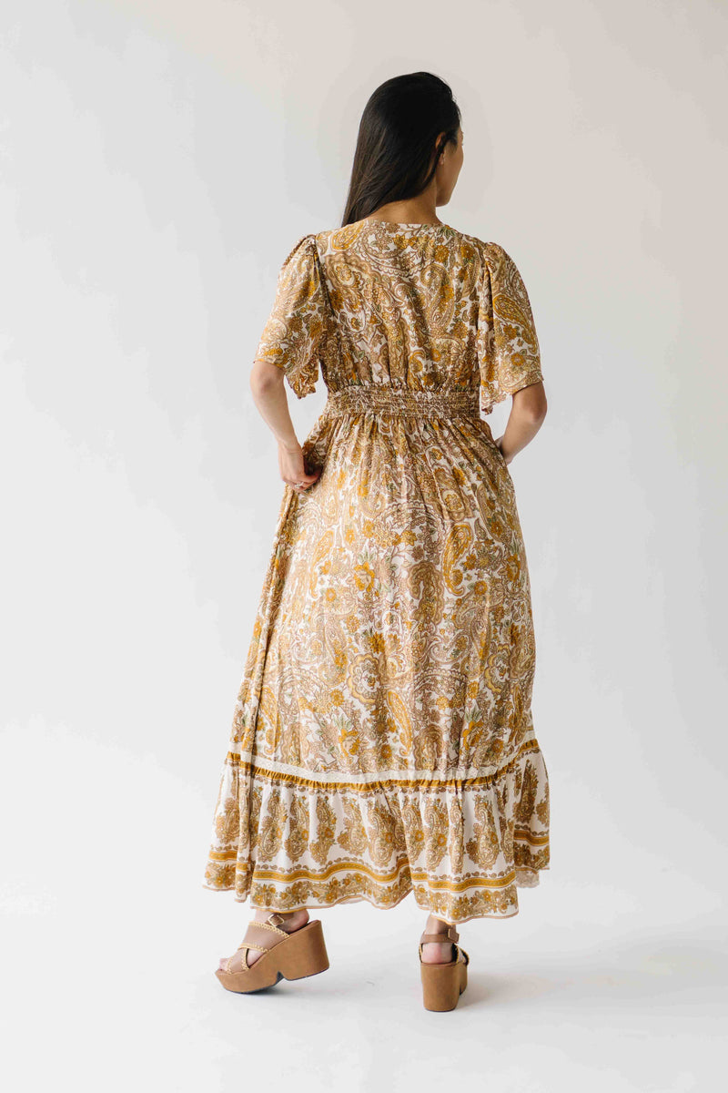 The Langston Flutter Sleeve Floral Maxi Dress in Antique Gold