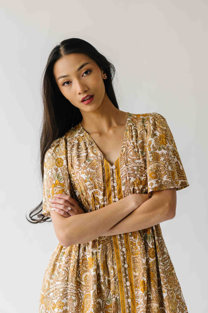 The Langston Flutter Sleeve Floral Maxi Dress in Antique Gold