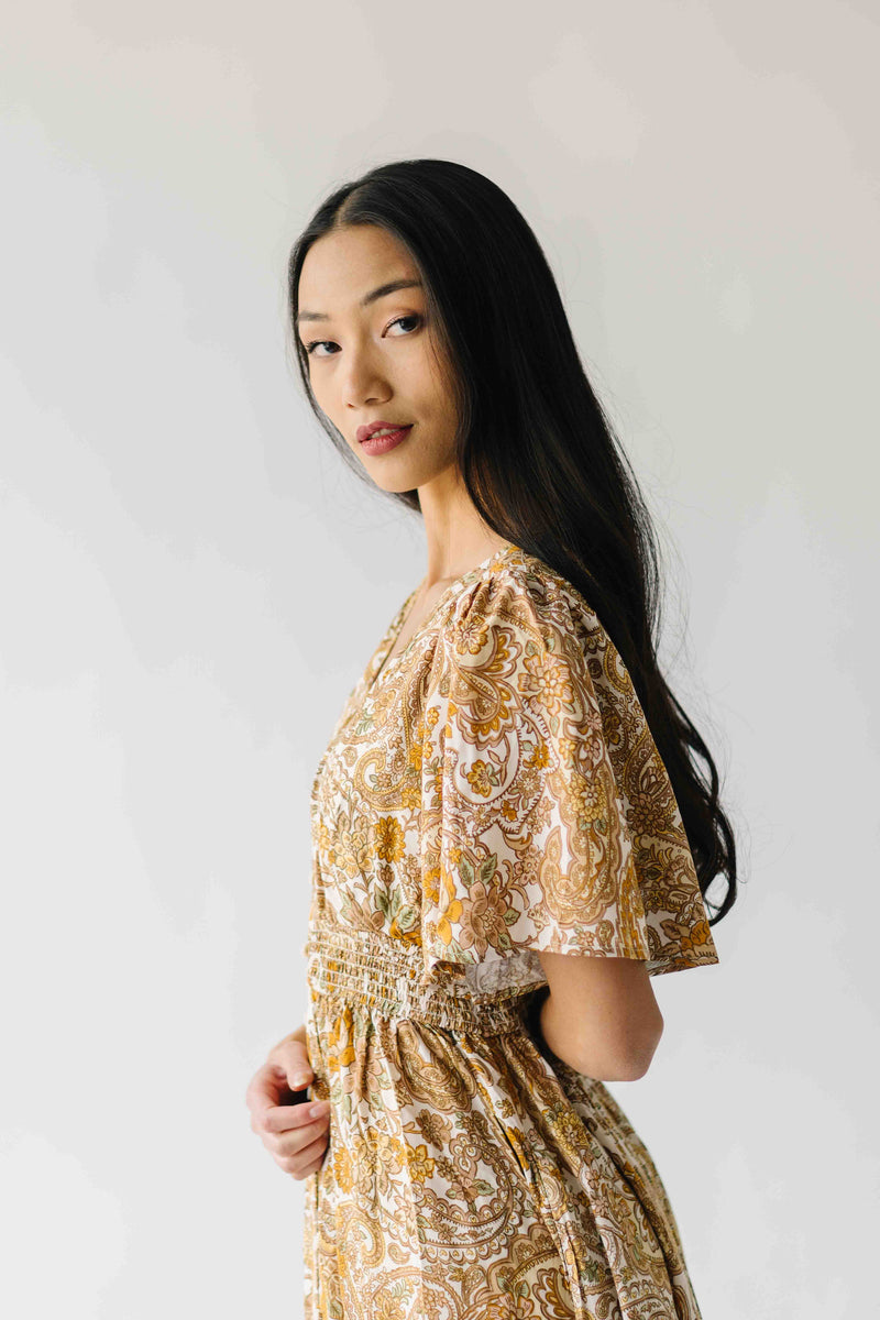 The Langston Flutter Sleeve Floral Maxi Dress in Antique Gold