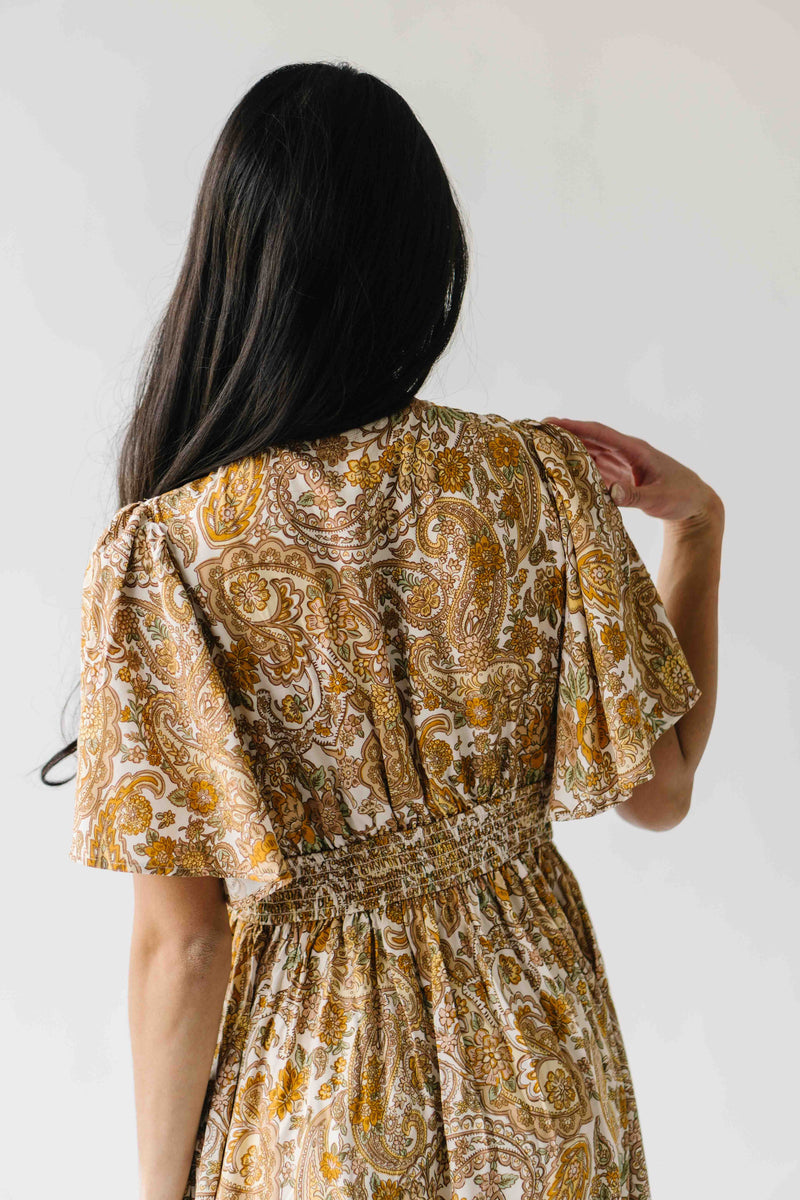 The Langston Flutter Sleeve Floral Maxi Dress in Antique Gold
