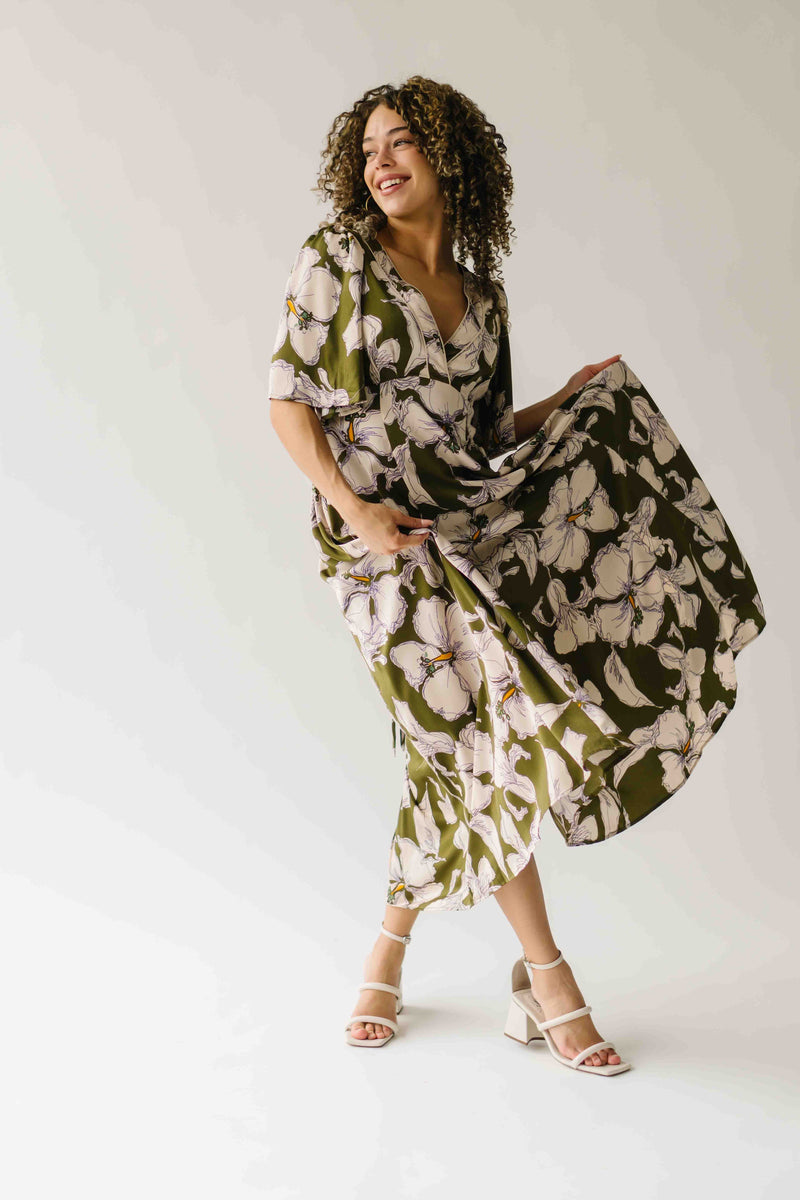 The Romano Piped Detail Floral Maxi Dress in Olive