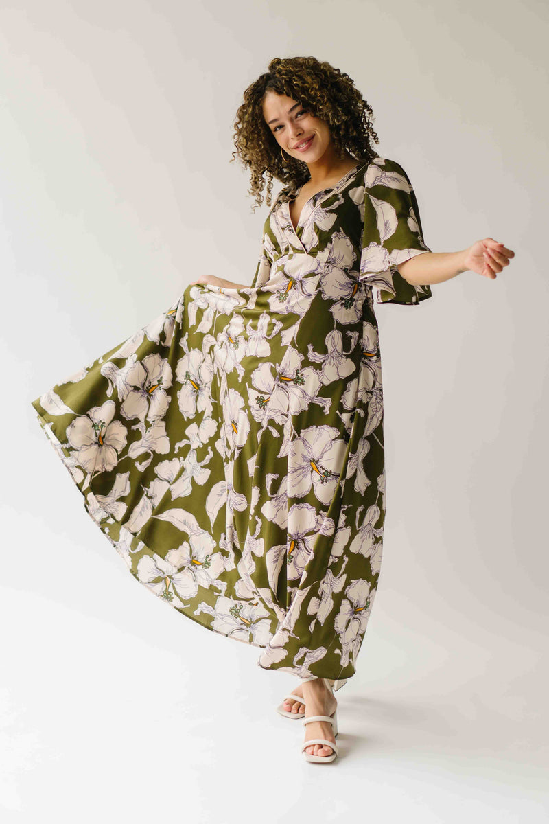 The Romano Piped Detail Floral Maxi Dress in Olive