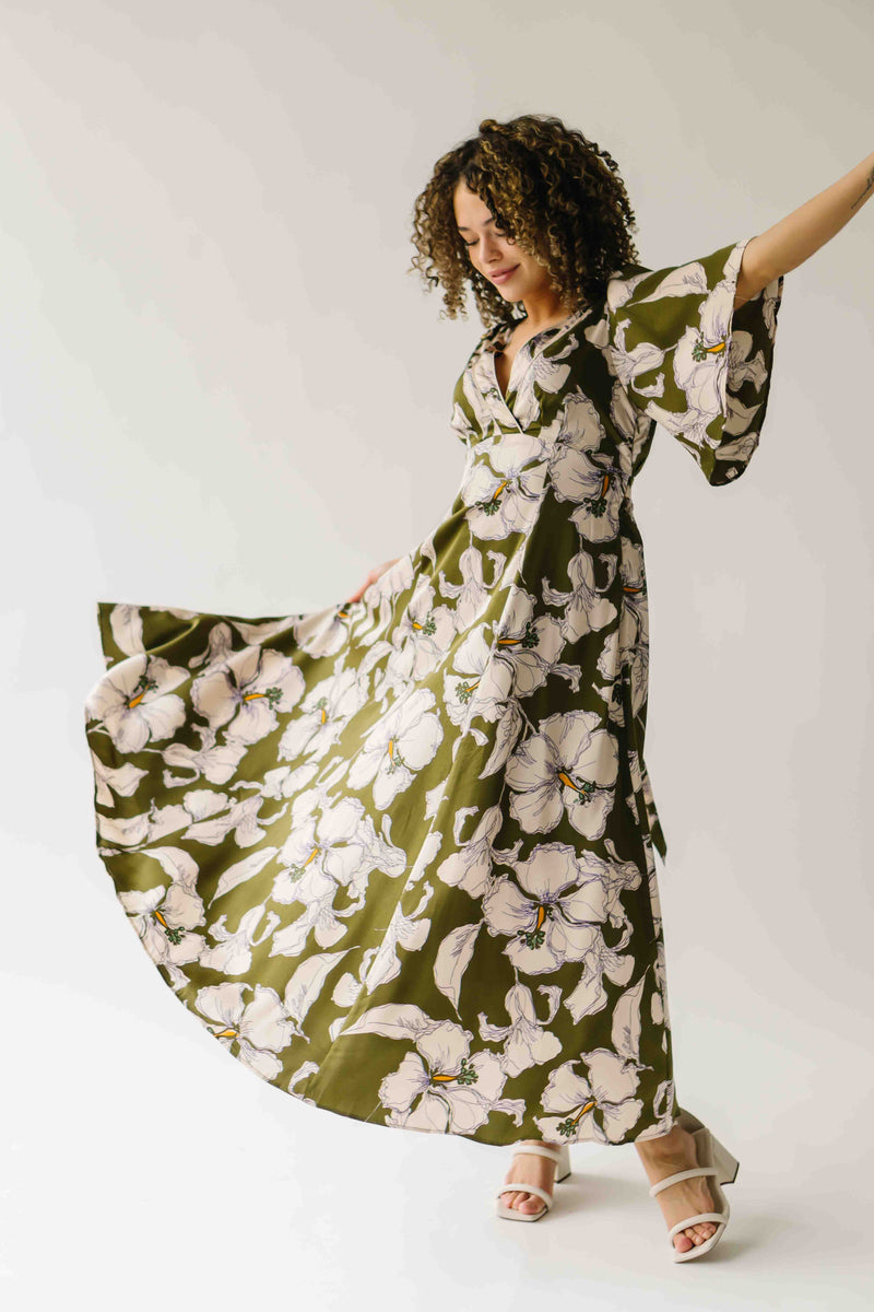 The Romano Piped Detail Floral Maxi Dress in Olive