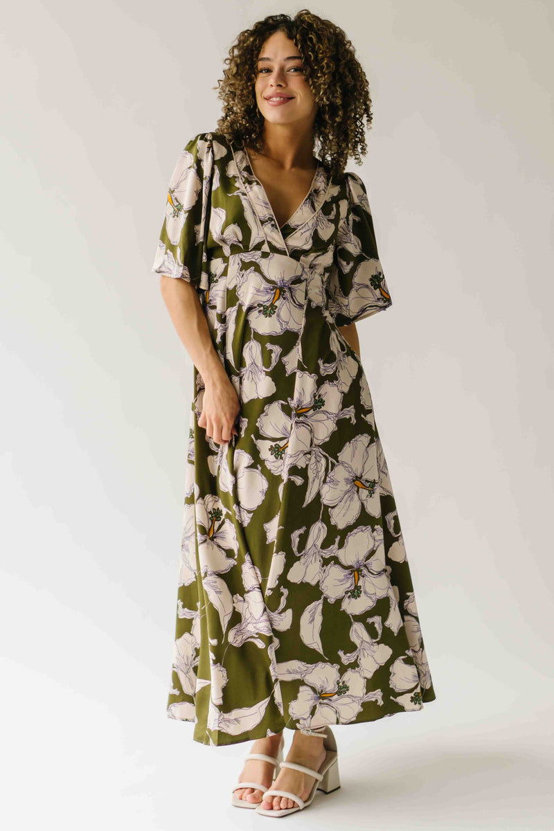 The Romano Piped Detail Floral Maxi Dress in Olive