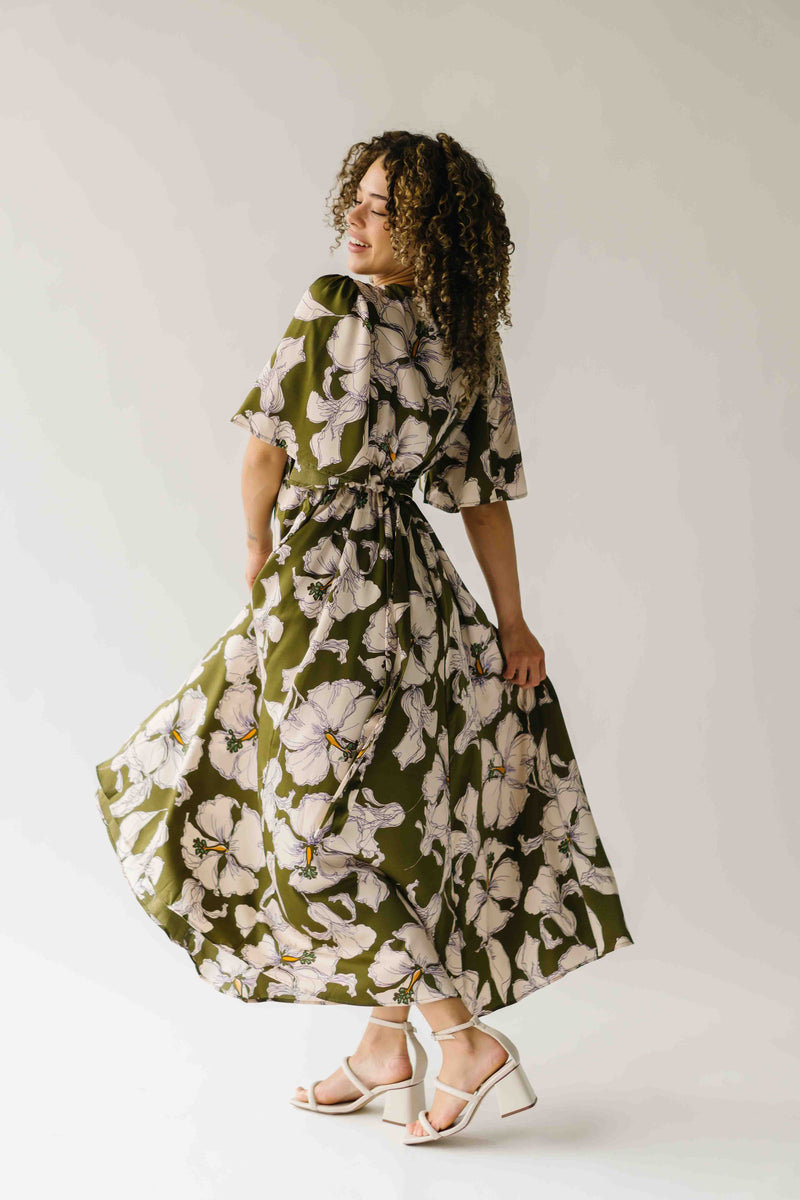 The Romano Piped Detail Floral Maxi Dress in Olive