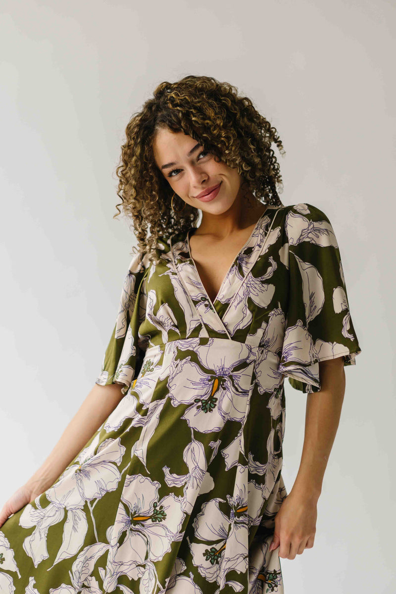 The Romano Piped Detail Floral Maxi Dress in Olive