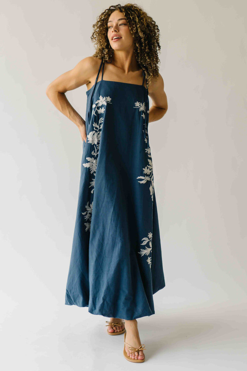 The Hemsley Embroidered Bubble Midi Dress in Blue + Ivory