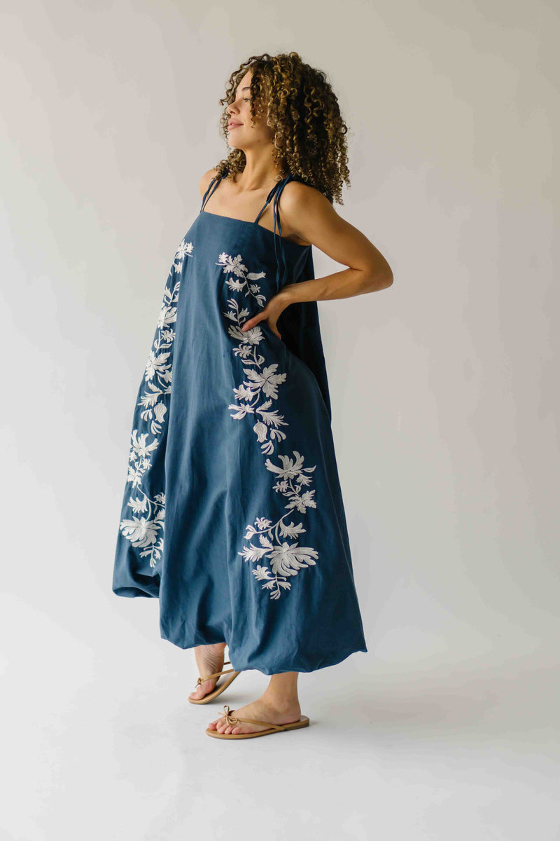 The Hemsley Embroidered Bubble Midi Dress in Blue + Ivory