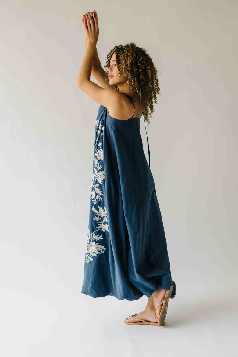 The Hemsley Embroidered Bubble Midi Dress in Blue + Ivory