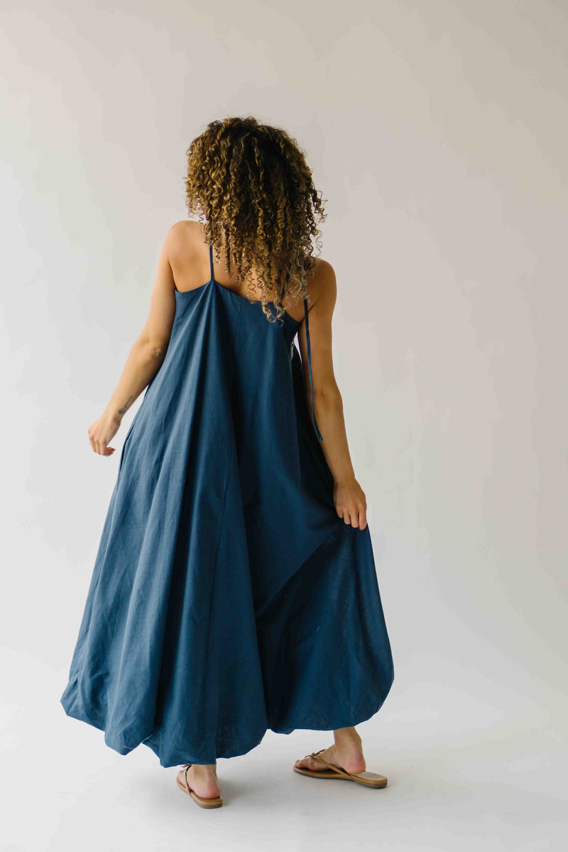The Hemsley Embroidered Bubble Midi Dress in Blue + Ivory