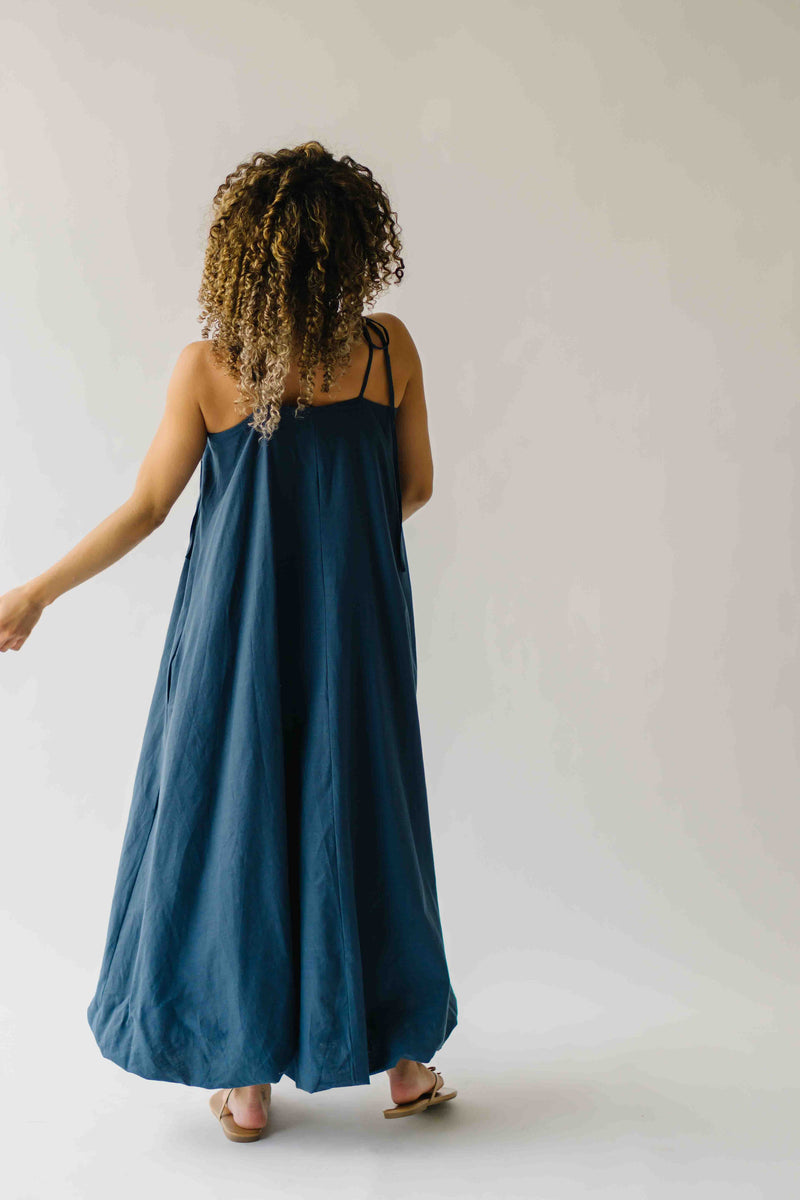 The Hemsley Embroidered Bubble Midi Dress in Blue + Ivory