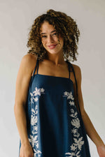 The Hemsley Embroidered Bubble Midi Dress in Blue + Ivory