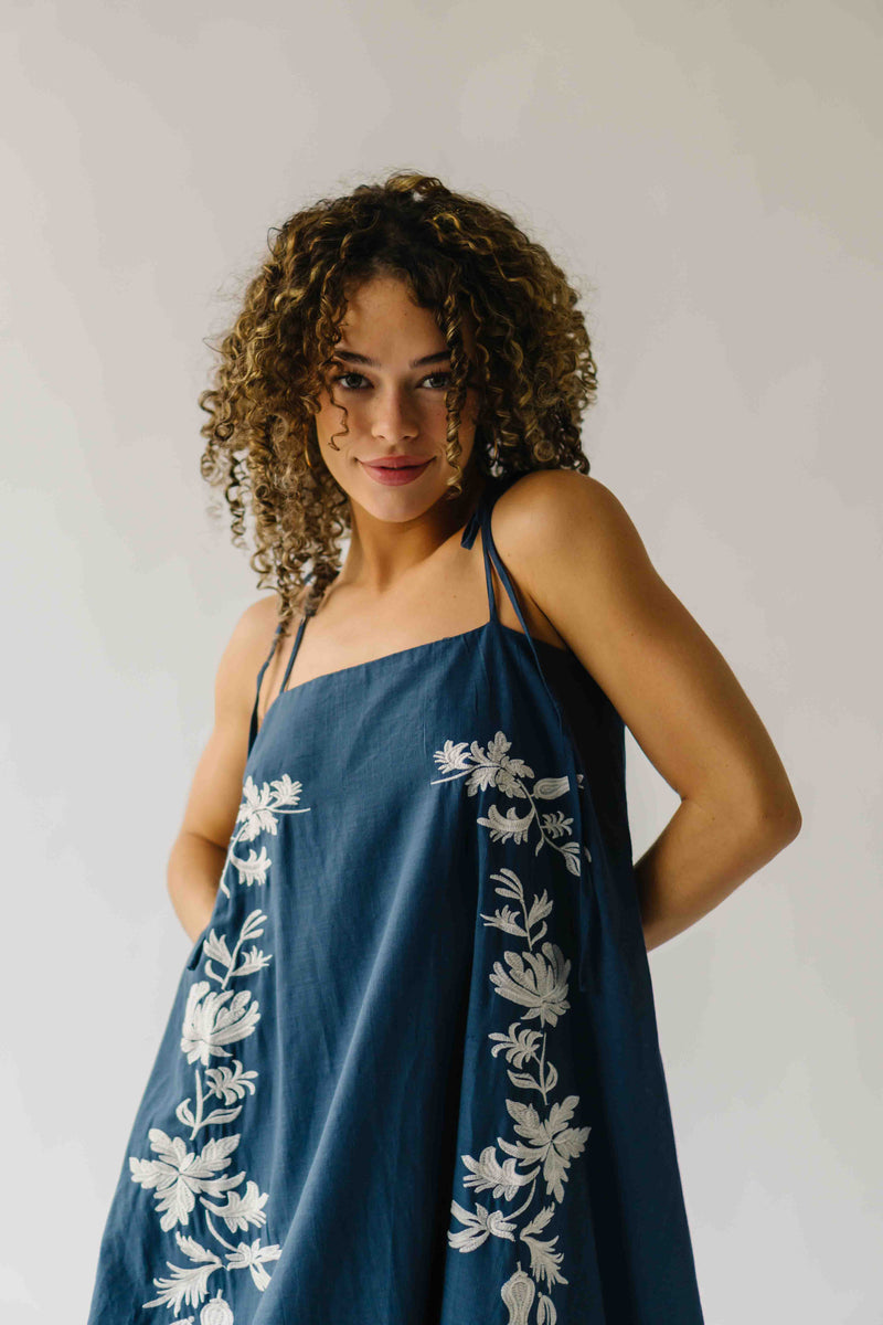 The Hemsley Embroidered Bubble Midi Dress in Blue + Ivory