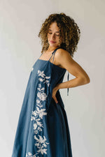 The Hemsley Embroidered Bubble Midi Dress in Blue + Ivory