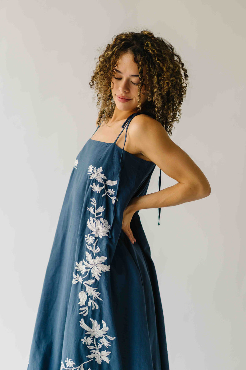 The Hemsley Embroidered Bubble Midi Dress in Blue + Ivory