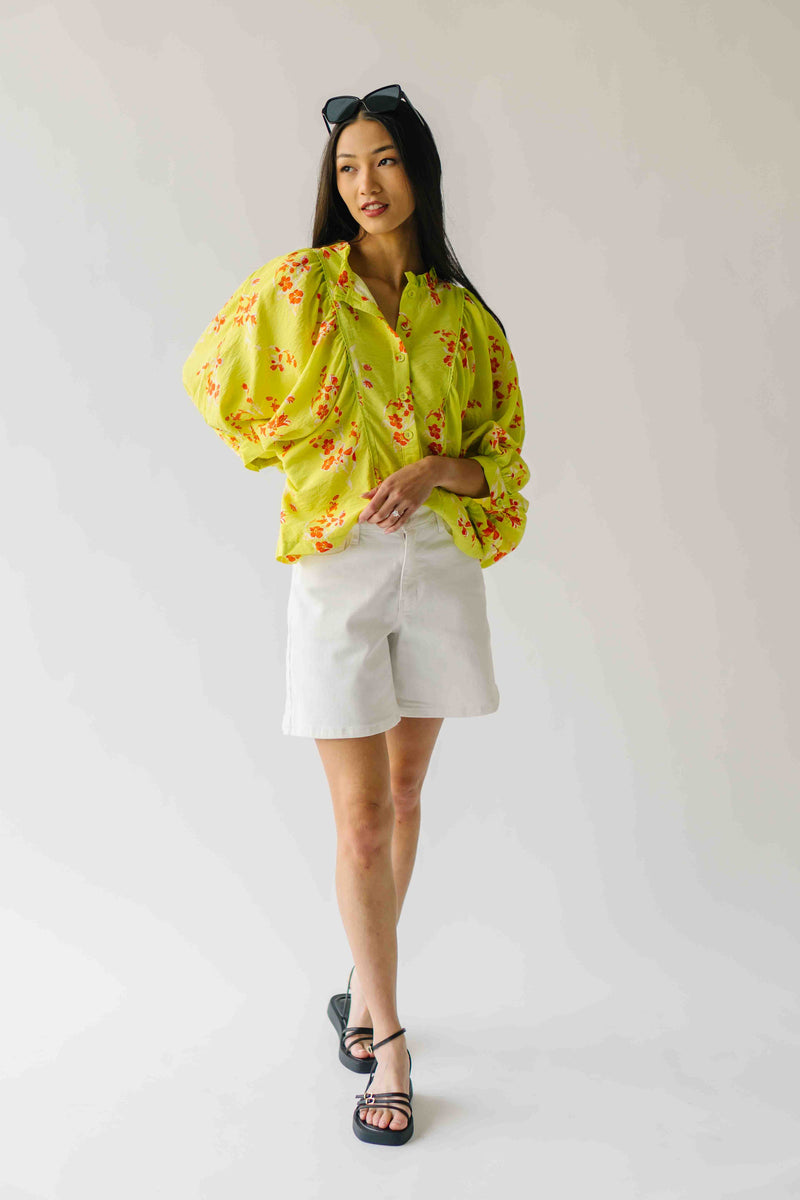The Jenkins Button-Up Floral Blouse in Electric Lime