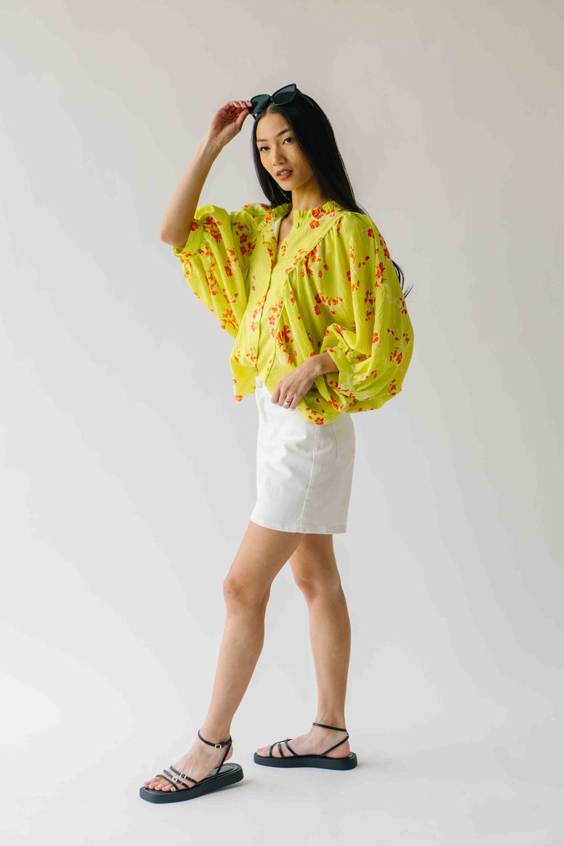 The Jenkins Button-Up Floral Blouse in Electric Lime
