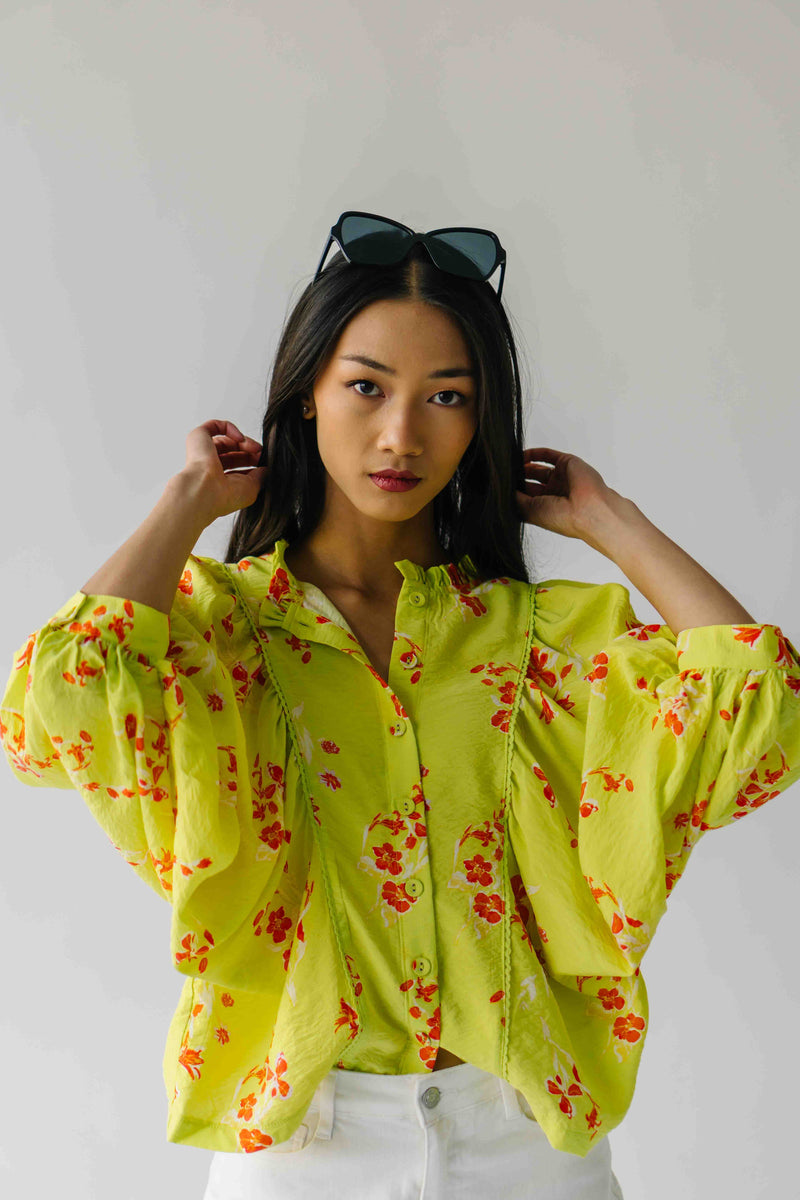The Jenkins Button-Up Floral Blouse in Electric Lime