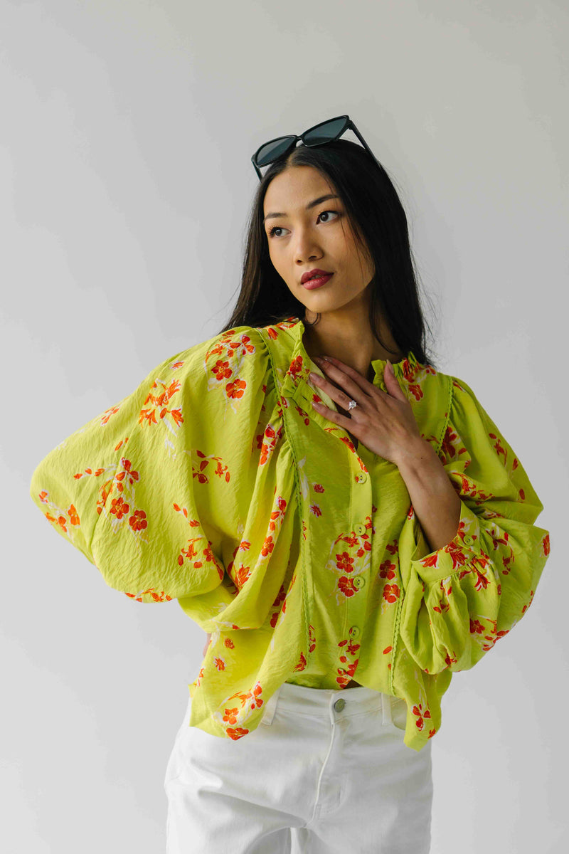 The Jenkins Button-Up Floral Blouse in Electric Lime