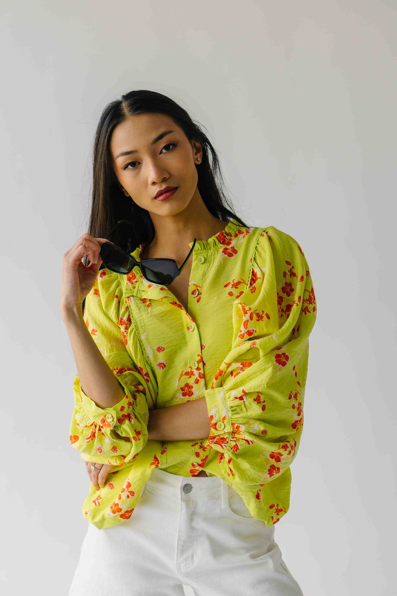 The Jenkins Button-Up Floral Blouse in Electric Lime