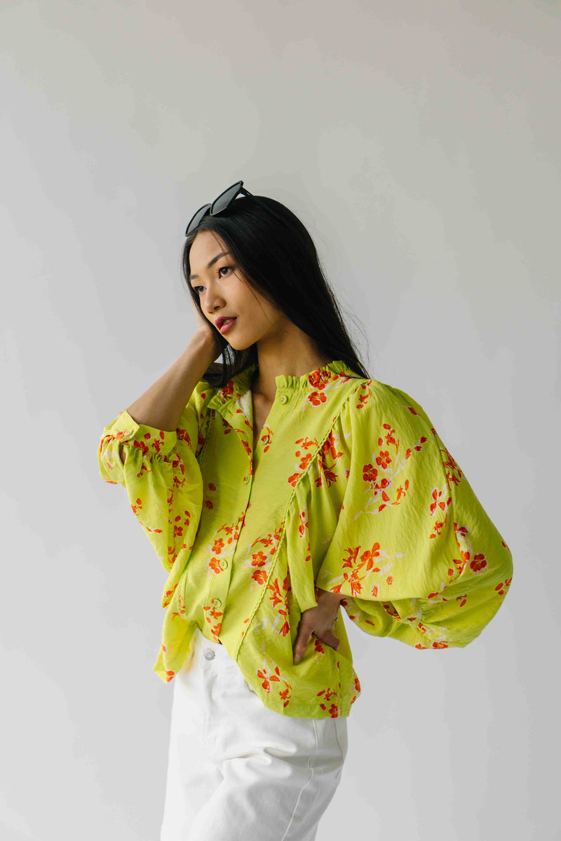 The Jenkins Button-Up Floral Blouse in Electric Lime