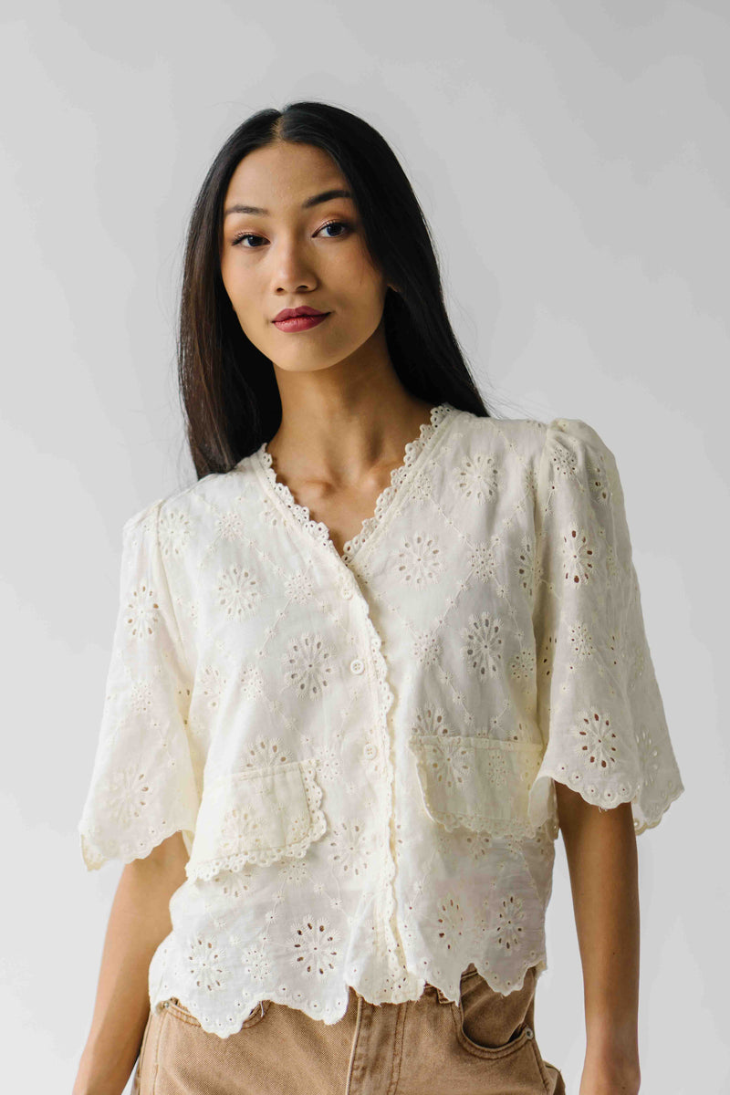 The Vinson Scallop Button-Up Blouse in Cream