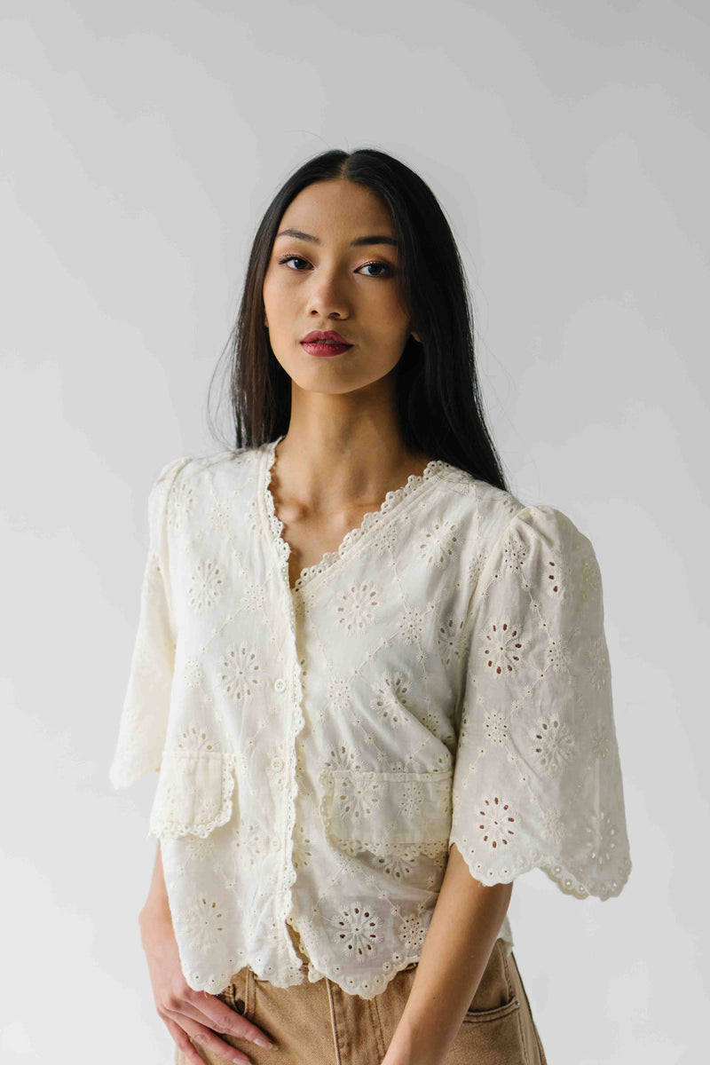 The Vinson Scallop Button-Up Blouse in Cream