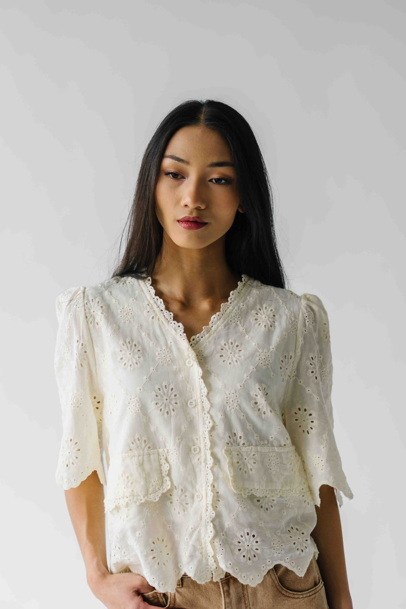 The Vinson Scallop Button-Up Blouse in Cream