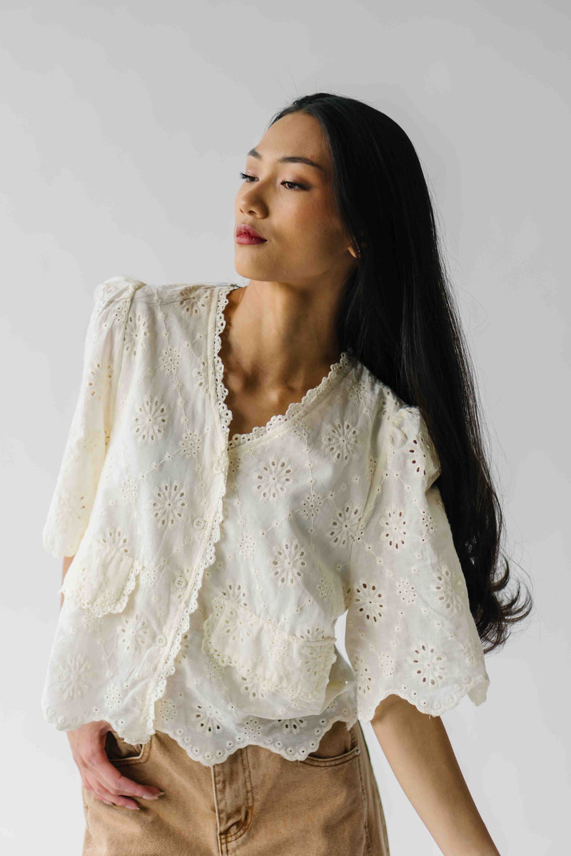 The Vinson Scallop Button-Up Blouse in Cream