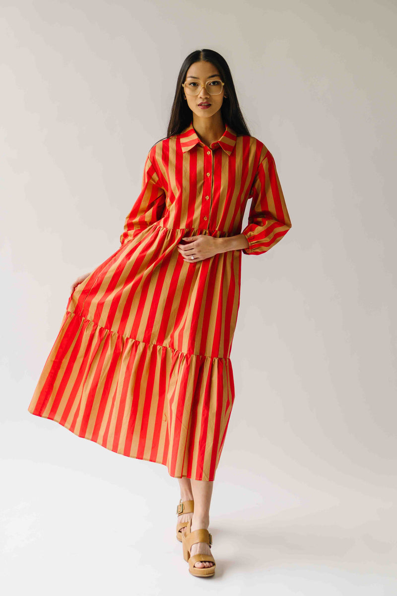 The Barton Tiered Midi Dress in Red + Taupe Stripe