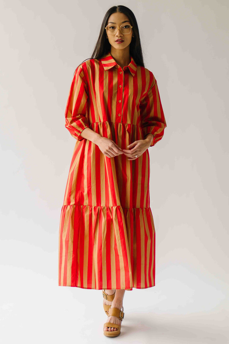 The Barton Tiered Midi Dress in Red + Taupe Stripe
