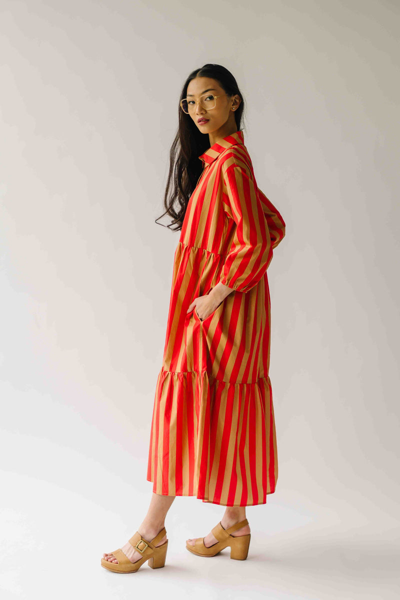 The Barton Tiered Midi Dress in Red + Taupe Stripe