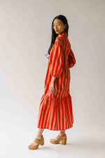 The Barton Tiered Midi Dress in Red + Taupe Stripe