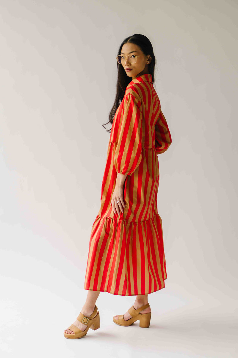 The Barton Tiered Midi Dress in Red + Taupe Stripe