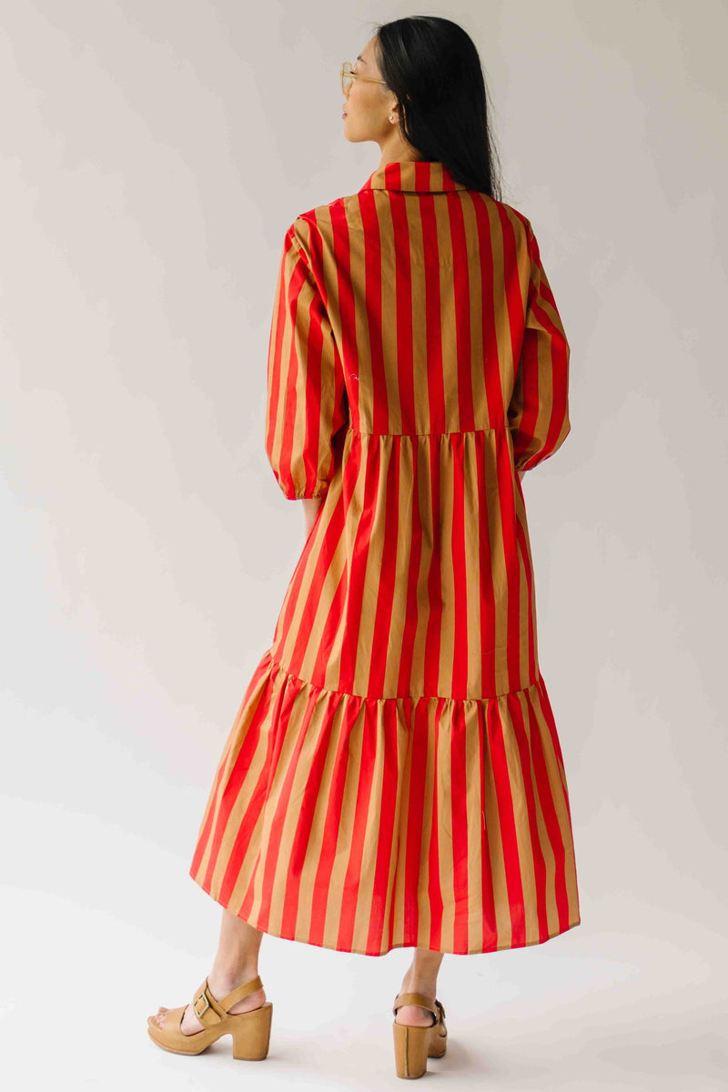 The Barton Tiered Midi Dress in Red + Taupe Stripe