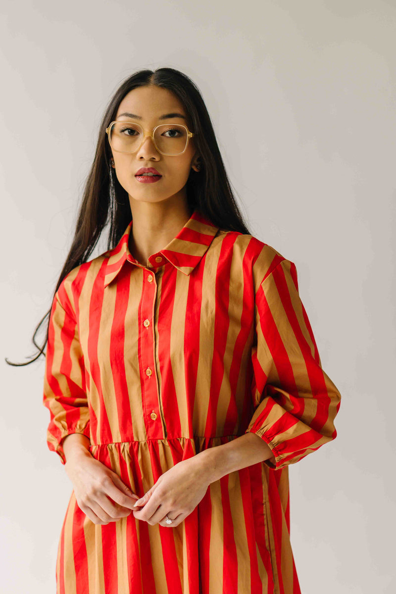 The Barton Tiered Midi Dress in Red + Taupe Stripe