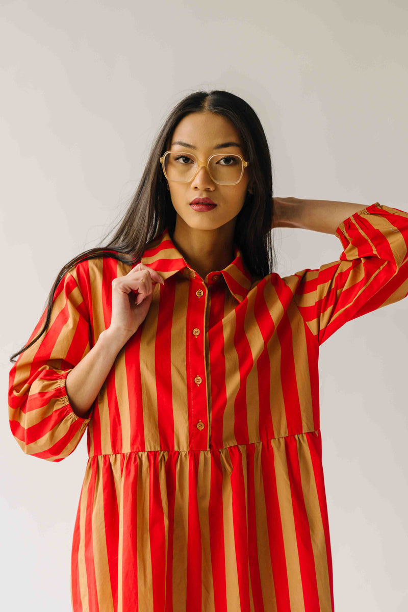 The Barton Tiered Midi Dress in Red + Taupe Stripe