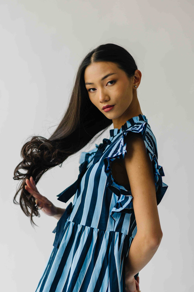 The Oxnam Striped Babydoll Dress in Navy + Sky Blue