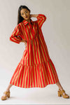 The Barton Tiered Midi Dress in Red + Taupe Stripe