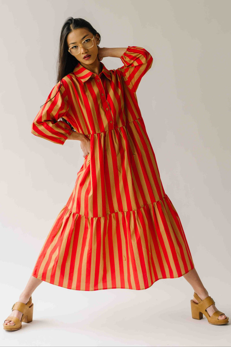 The Barton Tiered Midi Dress in Red + Taupe Stripe