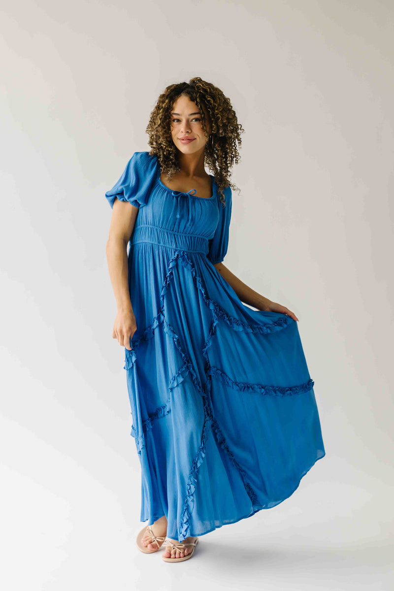The Munson Intricate Ruffle Maxi Dress in Blue