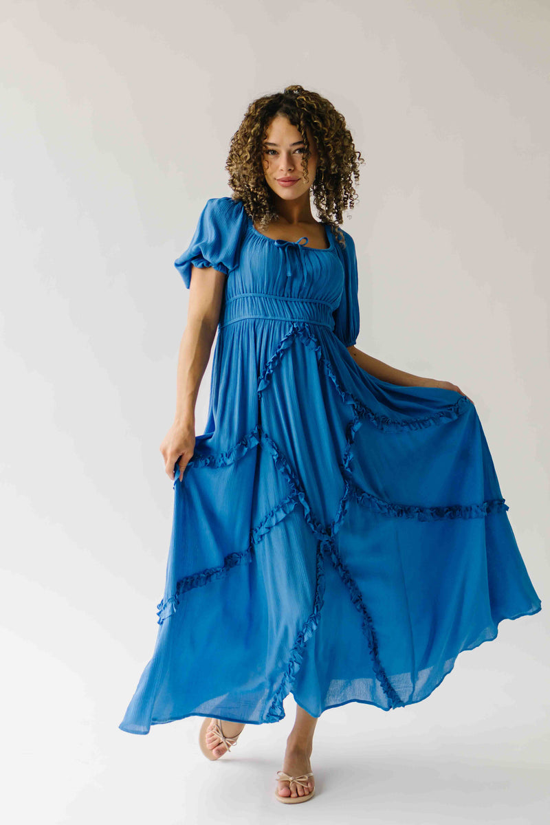 The Munson Intricate Ruffle Maxi Dress in Blue