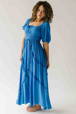 The Munson Intricate Ruffle Maxi Dress in Blue